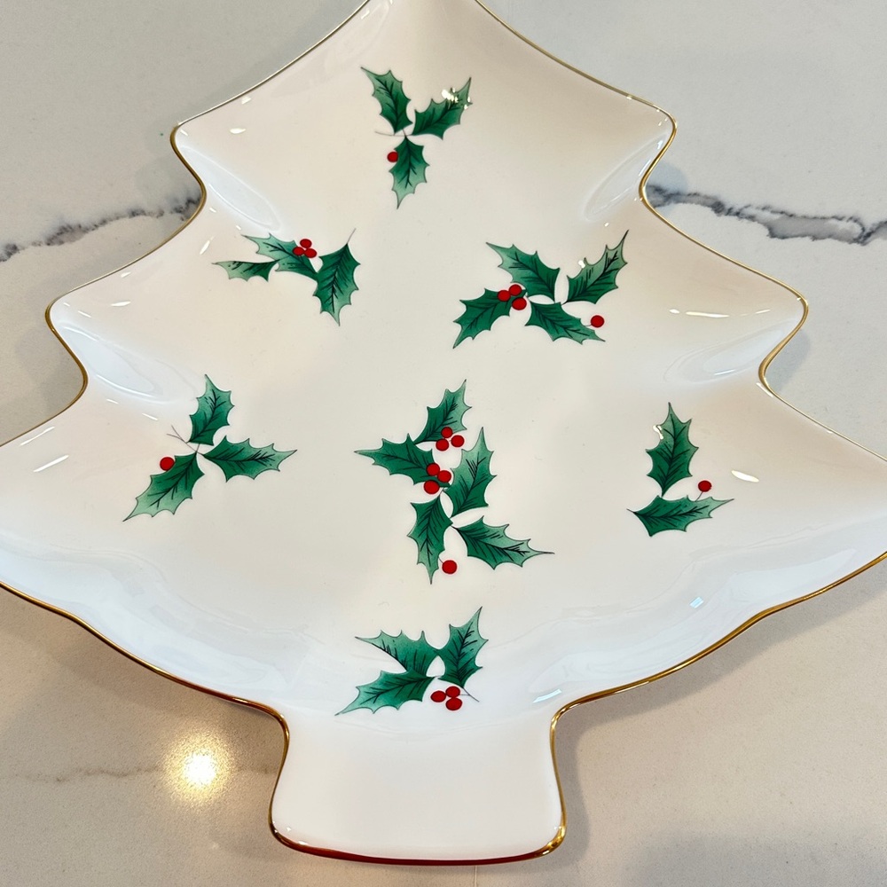 Mikasa Ribbon Holly Christmas Dish Tree Tray 12” Discontinued Old Stock